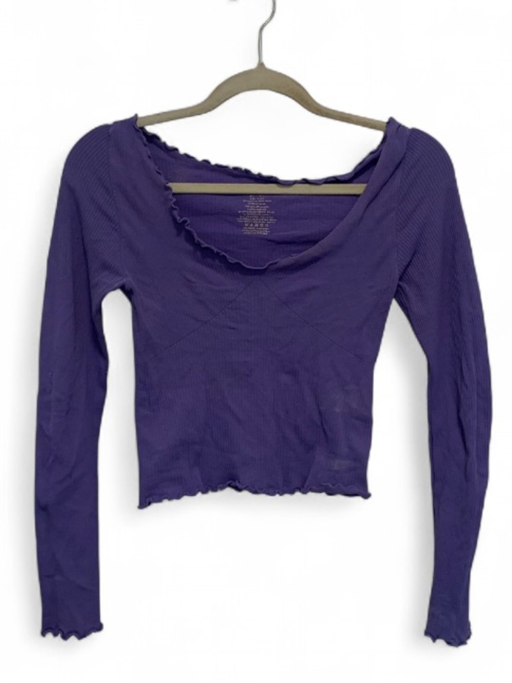 Intimately Free People Purple Ribbed Lettuce-Edge Long Sleeve Seamless Crop Top